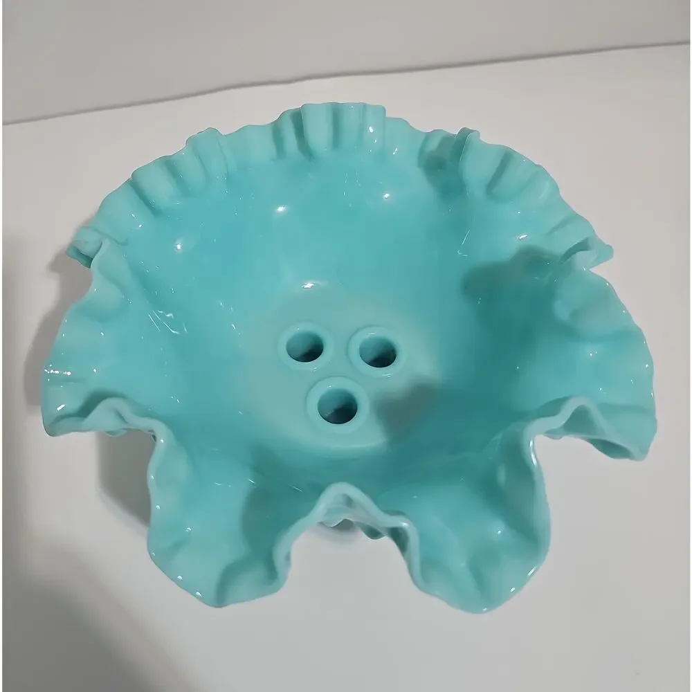 Fenton Aqua Milk Glass Three Horn Hobnail Epergne Vase/Bowl Mint Condition